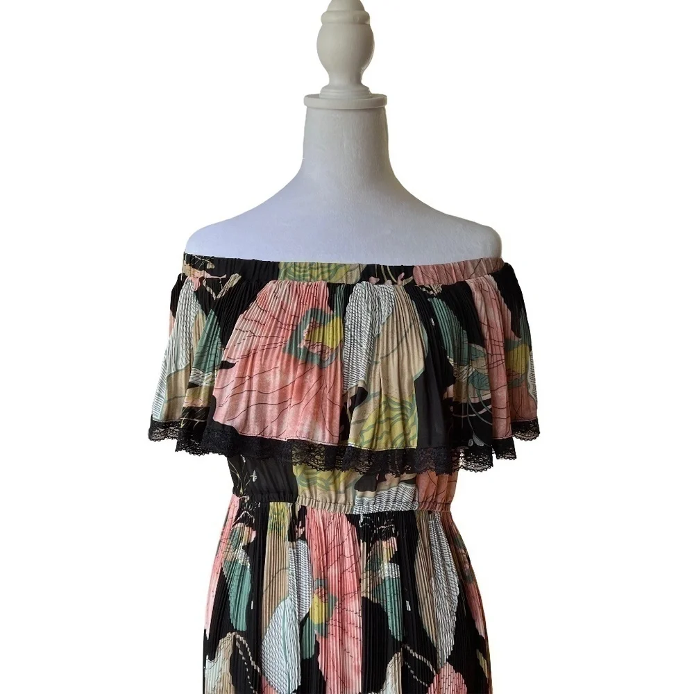 Beulah Style Black Floral Off Shoulder Full Length Maxi Dress Size M/L - Picture 6 of 12